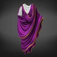 Toga romana de color porpra de Tir amb detalls daurats, símbol de poder i luxe a l’Antiga Roma
